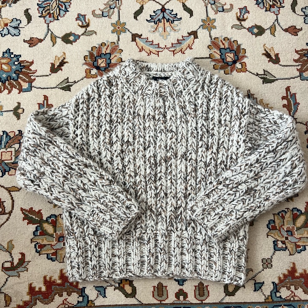 Theory Wool - Cashmere Chunky Marled Tan, Black and White Loose Knit Sweater